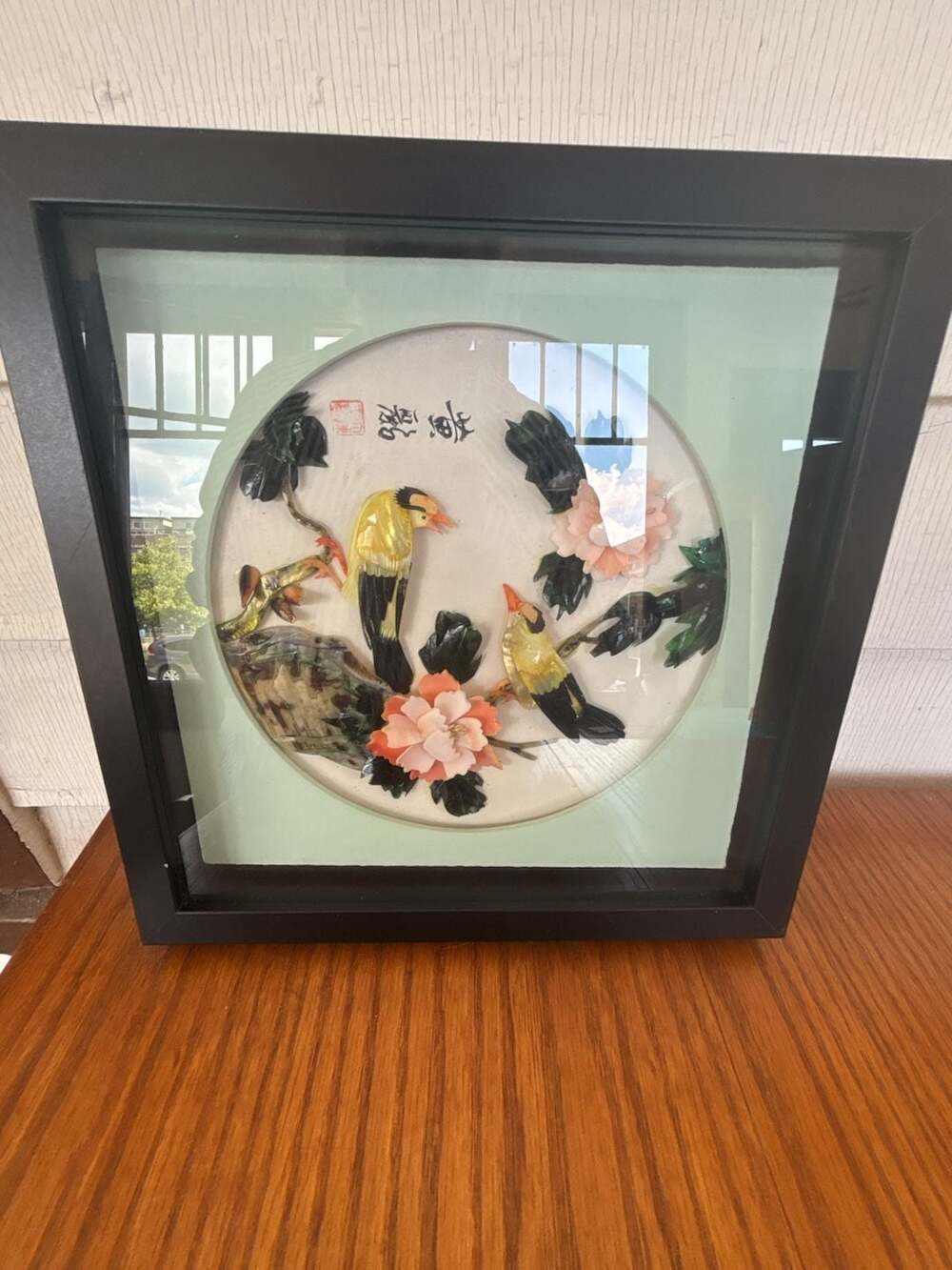 Vintage Chinese Mother of Pearl Shell Art Shadow Box Birds and Flowers Wall
